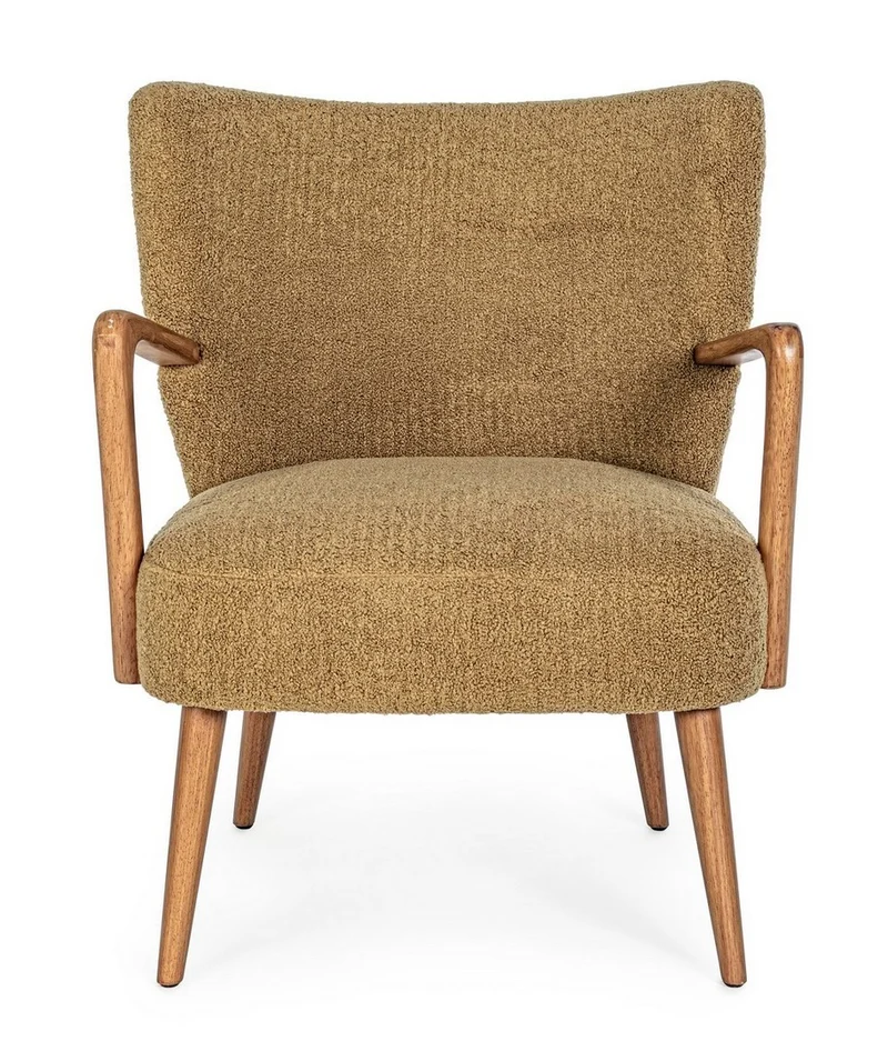 Sessel Moritz Palm | Olivbraun, Woll-Optik, Armlehnen aus Holz
