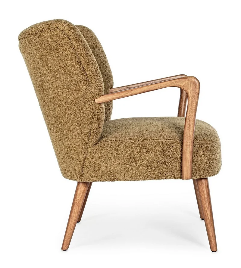 Sessel Moritz Palm | Olivbraun, Woll-Optik, Armlehnen aus Holz