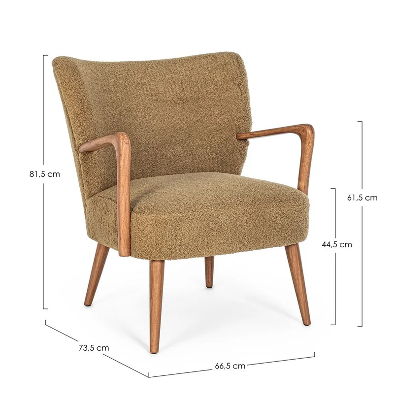 Sessel Moritz Palm | Olivbraun, Woll-Optik, Armlehnen aus Holz