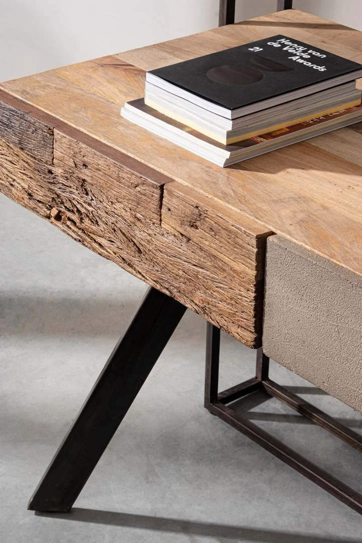 Schreibtisch Manchester 120 cm | Recyclingholz, Mango und Stahl, 2 Schubladen