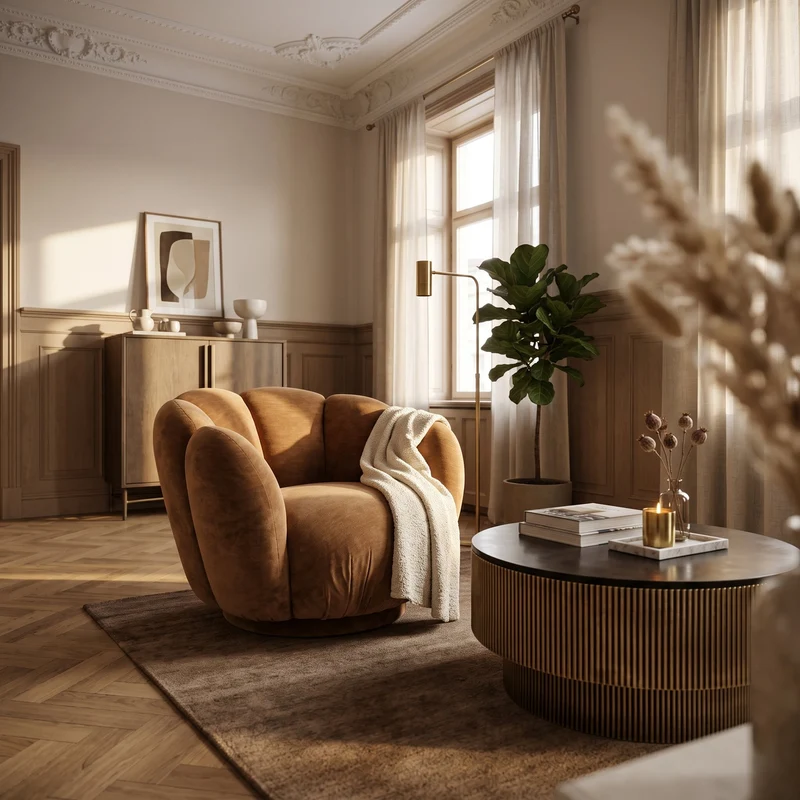 Loungesessel Tulip Cathay | Karamellbraun, runde Form