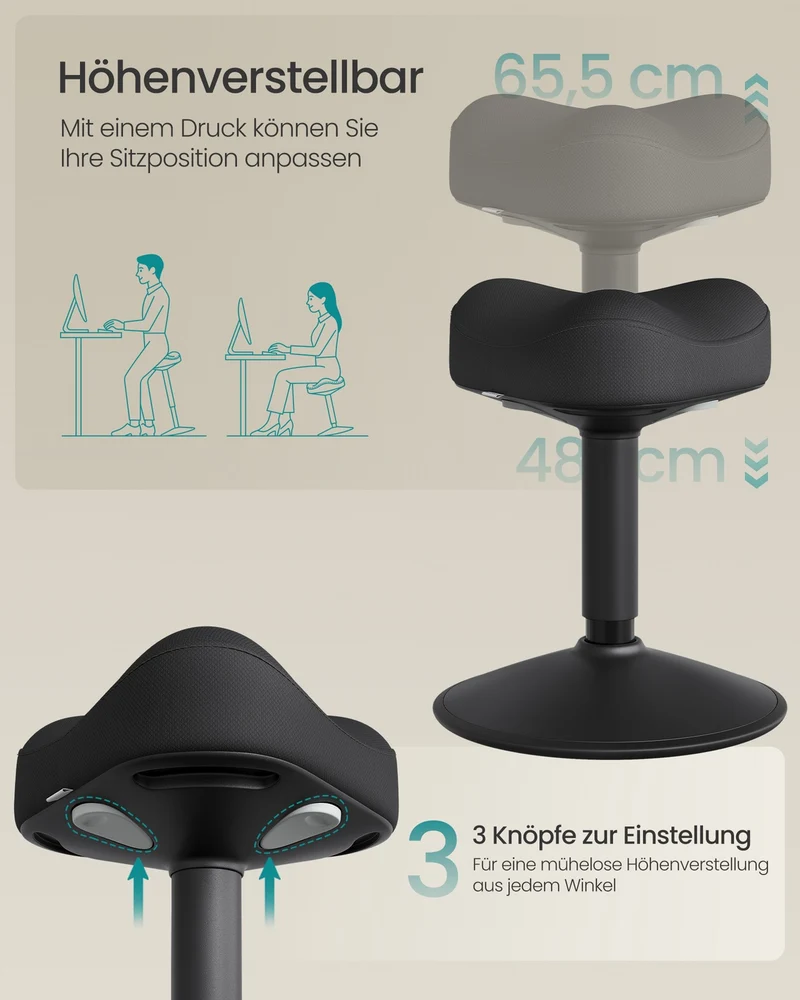 Arbeitshocker – Höhenverstellbarer Stehhocker – 360° Neigbar – Rutschfest – Maximale Tragkraft 130 kg – Abmessungen 36 x 36,5 x (48-65,5) cm