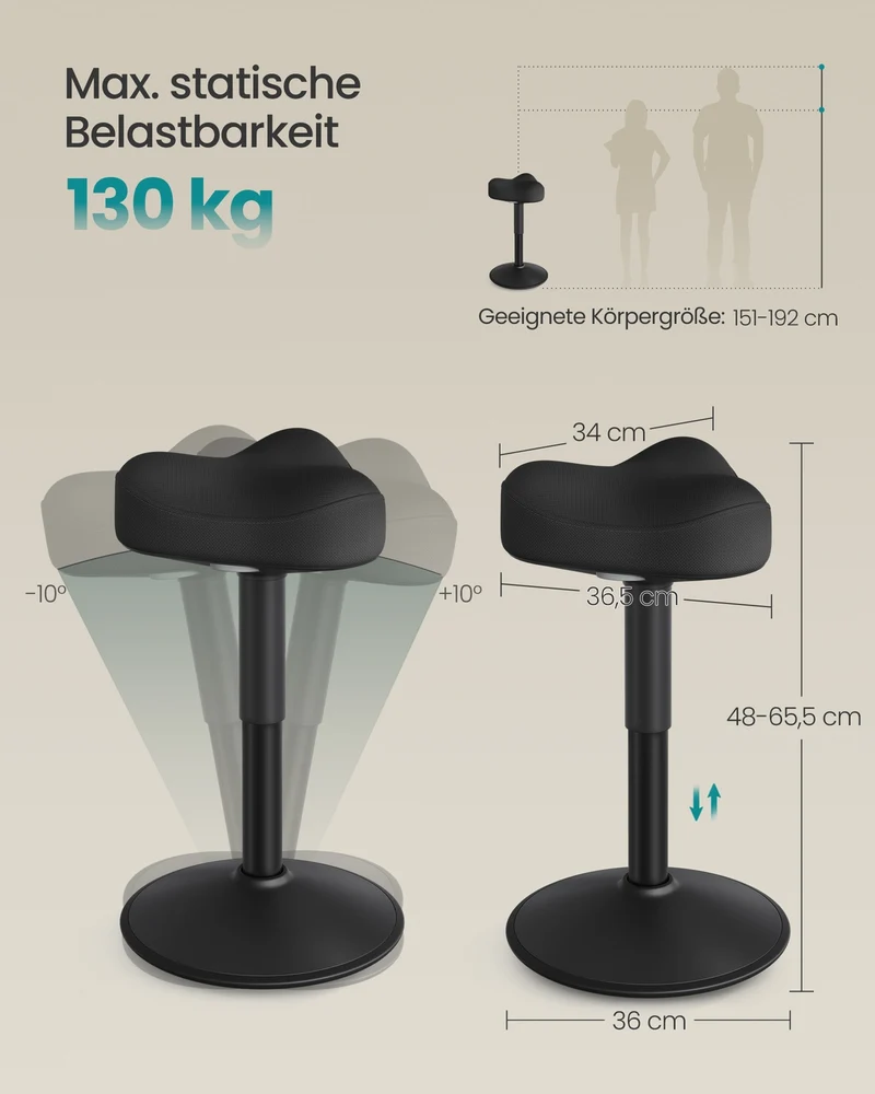 Arbeitshocker – Höhenverstellbarer Stehhocker – 360° Neigbar – Rutschfest – Maximale Tragkraft 130 kg – Abmessungen 36 x 36,5 x (48-65,5) cm