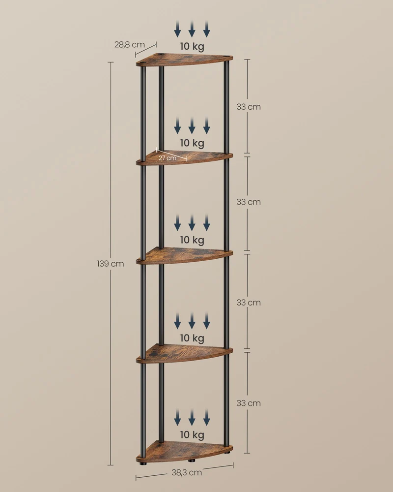 Regal – Eckregal – 5 Ebenen – Spanplatte und Stahl – 38,3 x 27 x 139 cm – Maximale Belastbarkeit 50 kg