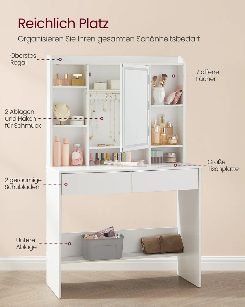 Schminktisch – mit LED-Beleuchtung – Mit 2 Schubladen und Staufächern - Aufklappbarer Spiegel