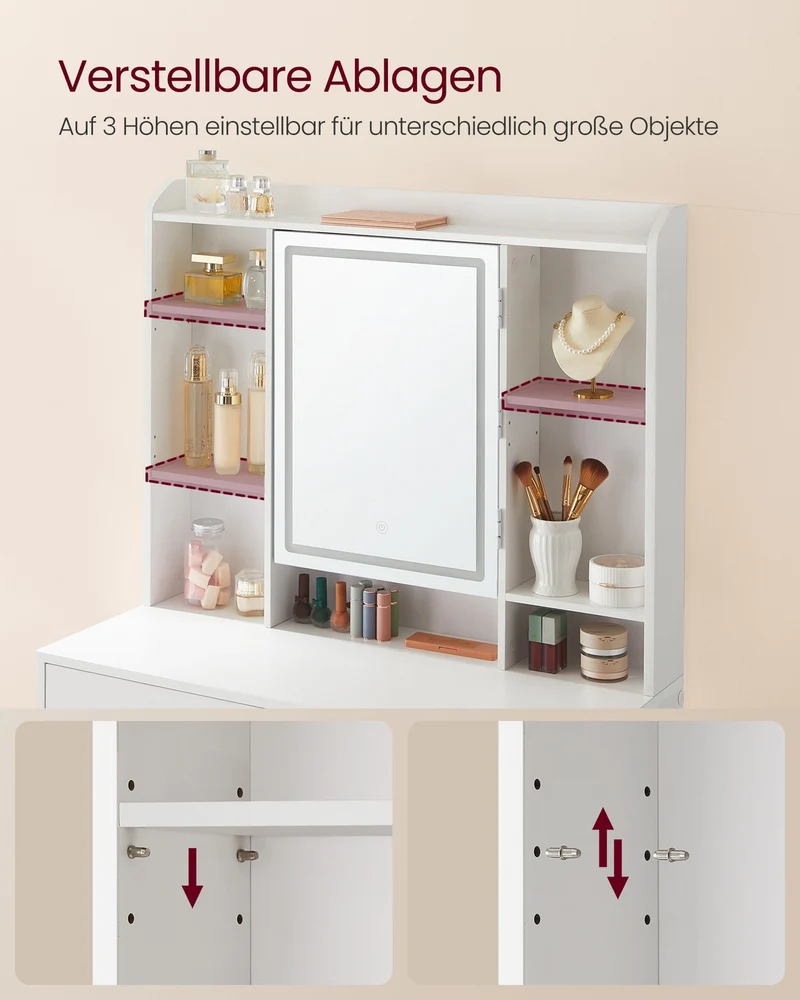Schminktisch – mit LED-Beleuchtung – Mit 2 Schubladen und Staufächern - Aufklappbarer Spiegel