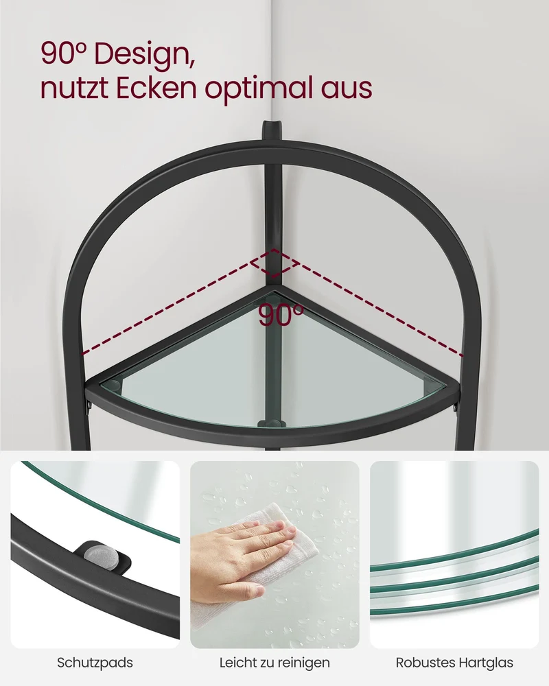 Eckregal – 3 Ebenen – Böden Aus Gehärtetem Glas – Stahlrahmen - Schwarz