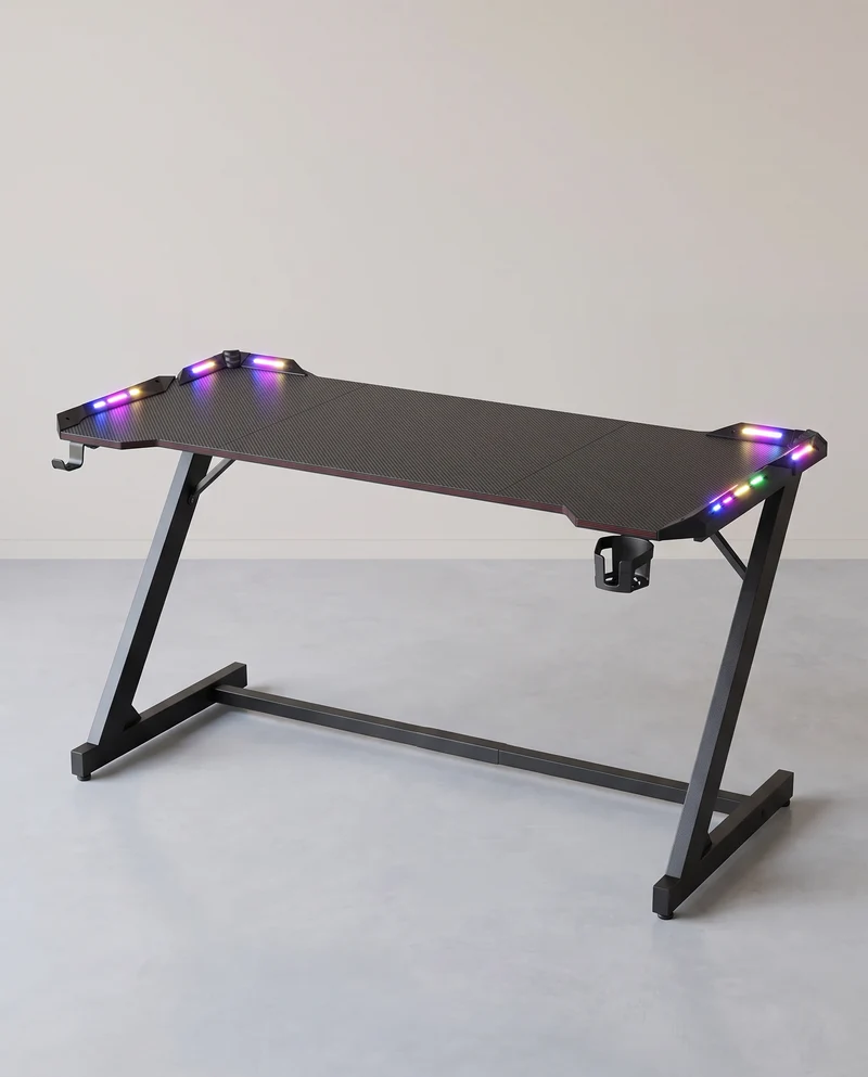 Gaming-Tisch mit RGB-LED-Beleuchtung – Z-förmiger Stahlrahmen – Tischplatte in Carbon-Optik – Getränkehalter & Kopfhörerhaken