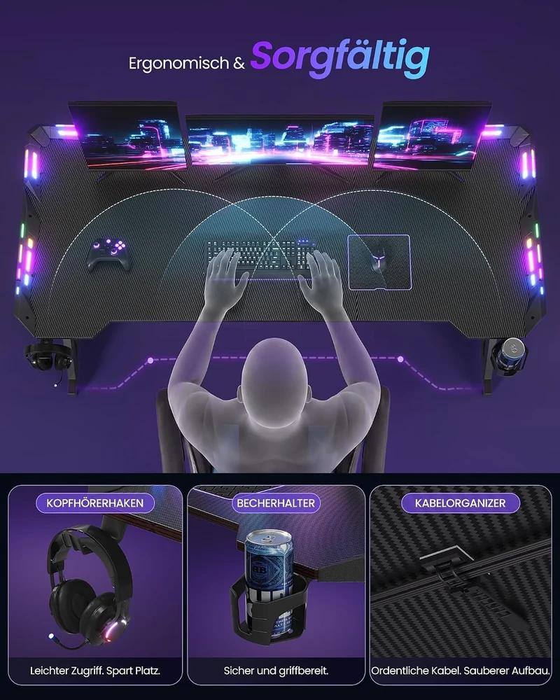 Gaming-Tisch mit RGB-LED-Beleuchtung – Z-förmiger Stahlrahmen – Tischplatte in Carbon-Optik – Getränkehalter & Kopfhörerhaken