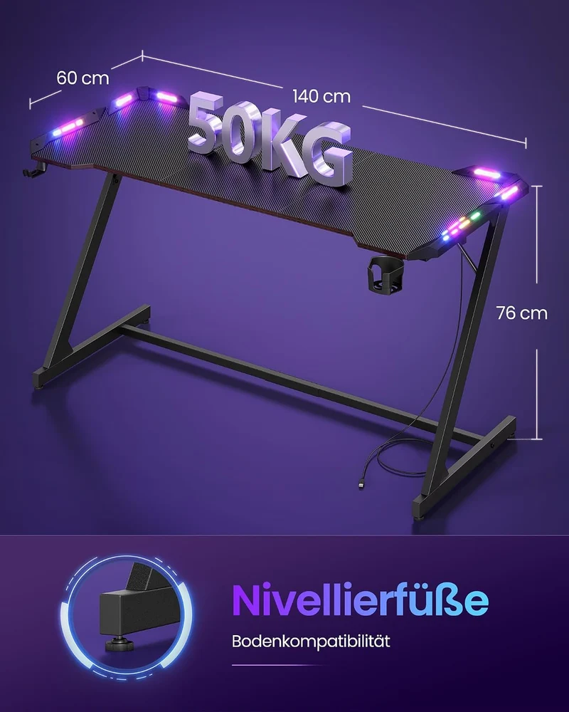 Gaming-Tisch mit RGB-LED-Beleuchtung – Z-förmiger Stahlrahmen – Tischplatte in Carbon-Optik – Getränkehalter & Kopfhörerhaken