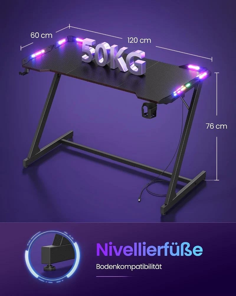 Gaming-Tisch mit RGB-LED-Beleuchtung – Z-förmiger Stahlrahmen – Tischplatte in Carbon-Optik – Getränkehalter & Kopfhörerhaken