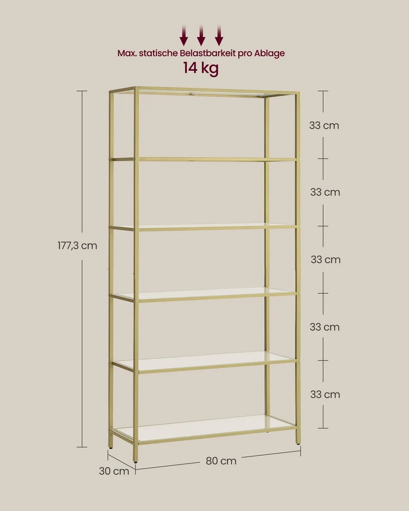 Bücherregal – 6 Böden – Gehärtetes Glas