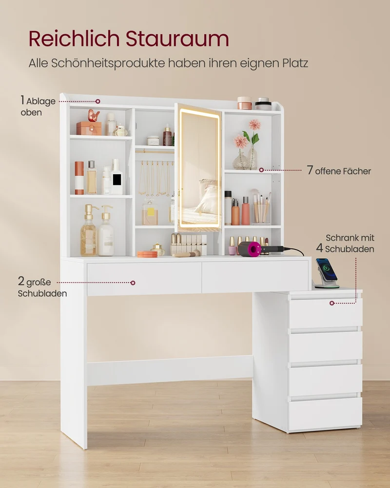 XL Schminktisch Mit LED-Spiegel Und Steckdosenleiste - Große Arbeitsfläche - Inklusive Schubladen