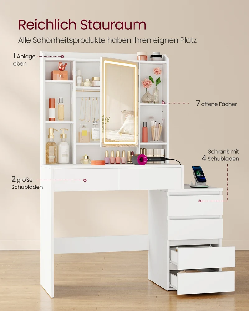Schminktisch Mit LED-Spiegel Und Steckdosenleiste - Kompaktes Design - Praktische Schubladen