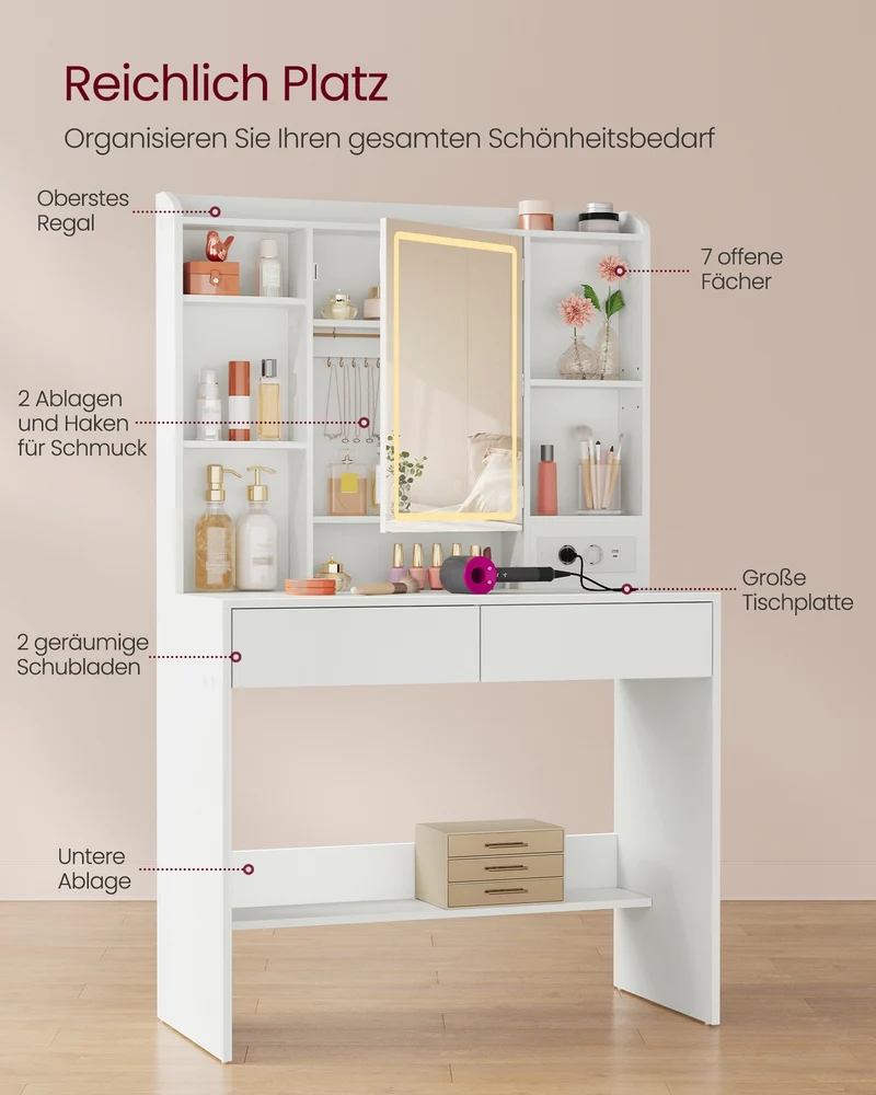 Kompakter Schminktisch Mit Dimmbarem LED-Spiegel - 2 Schubladen - Platzsparendes Design