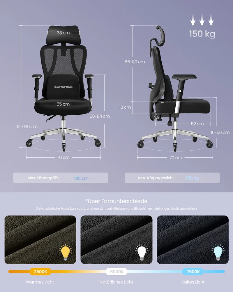 Bürostuhl - Ergonomisch - Verstellbare Lendenstütze Und Kopfstütze - Bis 150 kg