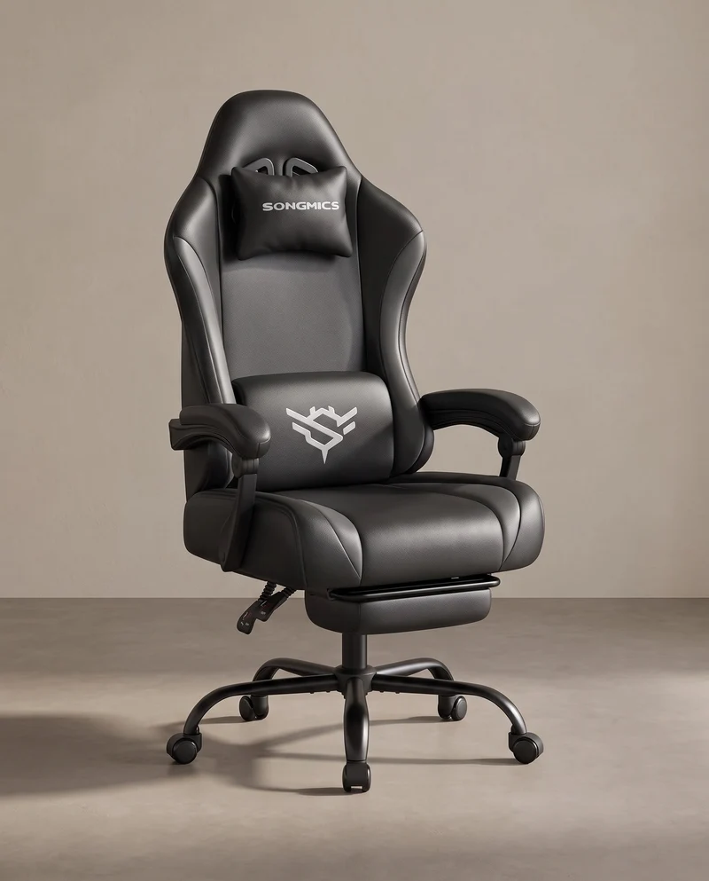 Gaming-Stuhl mit Fußstütze - PU-Leder mit Kopfstütze und Lendenkissen - Bis 135° Neigbar