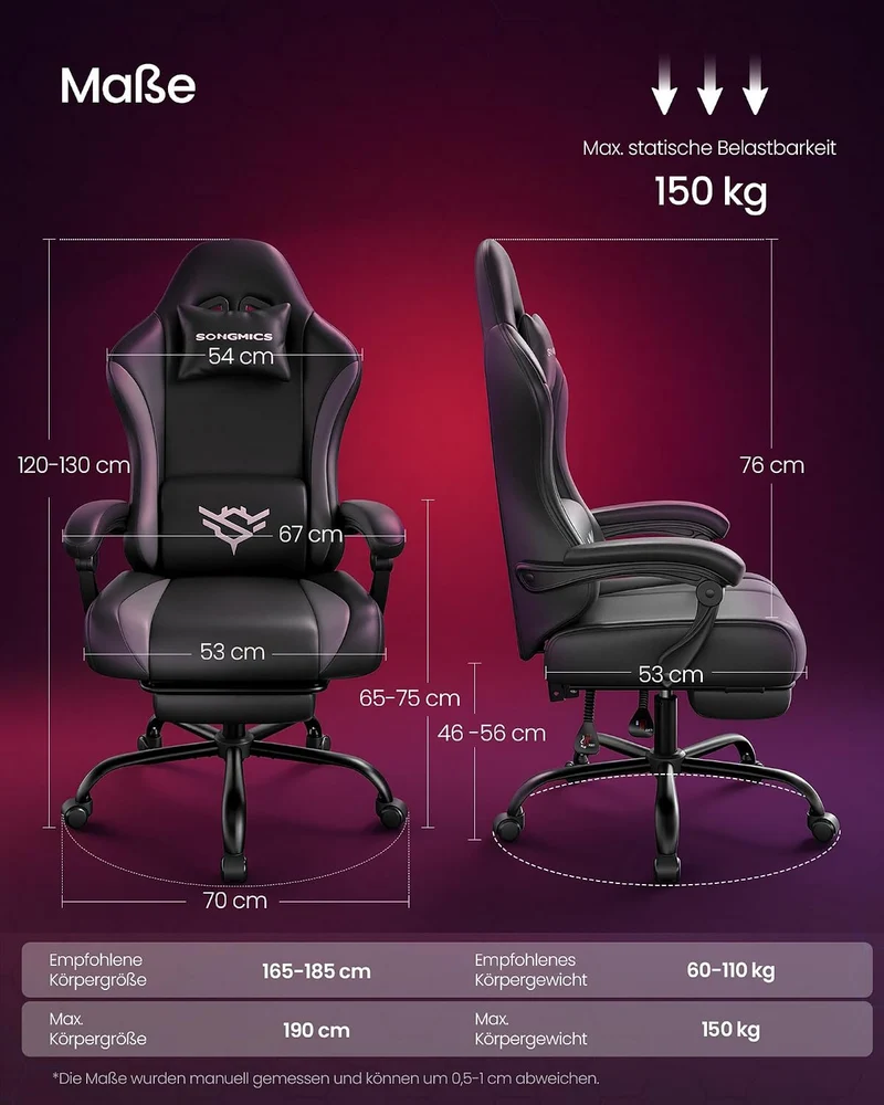 Gaming-Stuhl mit Fußstütze - PU-Leder mit Kopfstütze und Lendenkissen - Bis 135° Neigbar