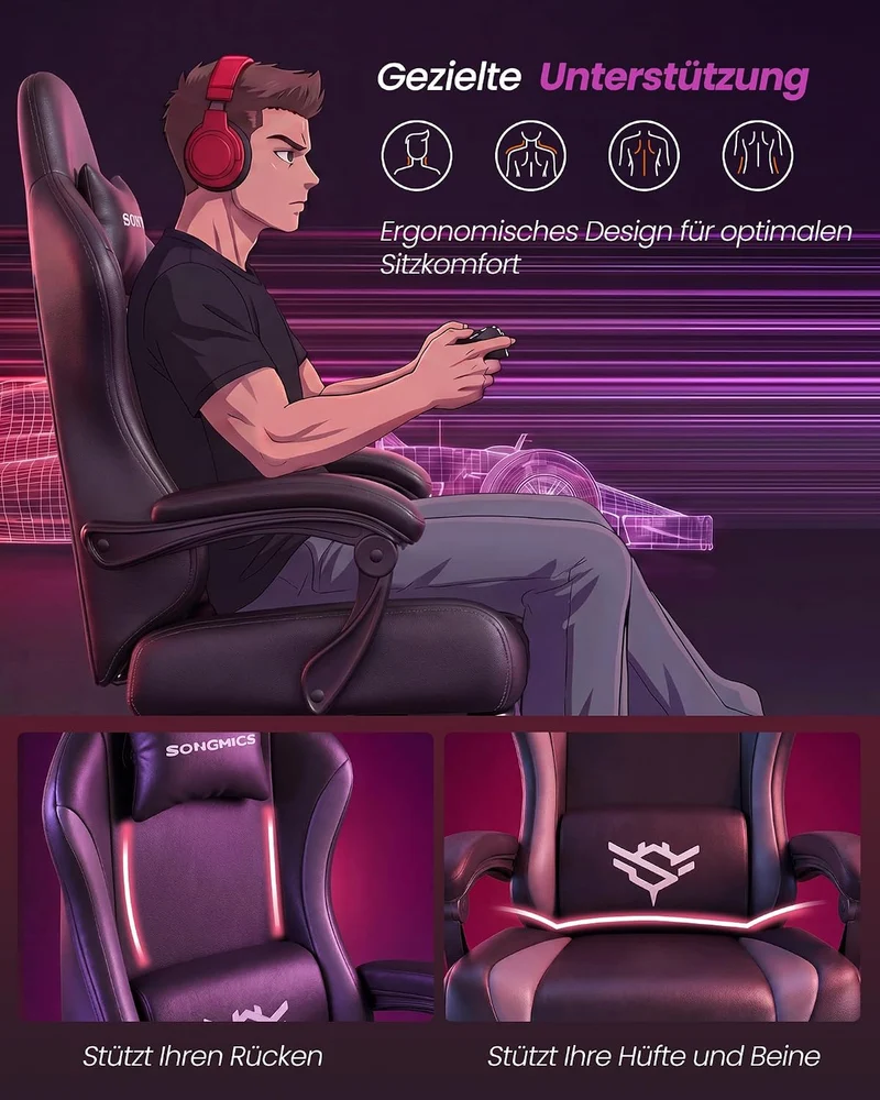 Gaming-Stuhl mit Fußstütze - PU-Leder mit Kopfstütze und Lendenkissen - Bis 135° Neigbar
