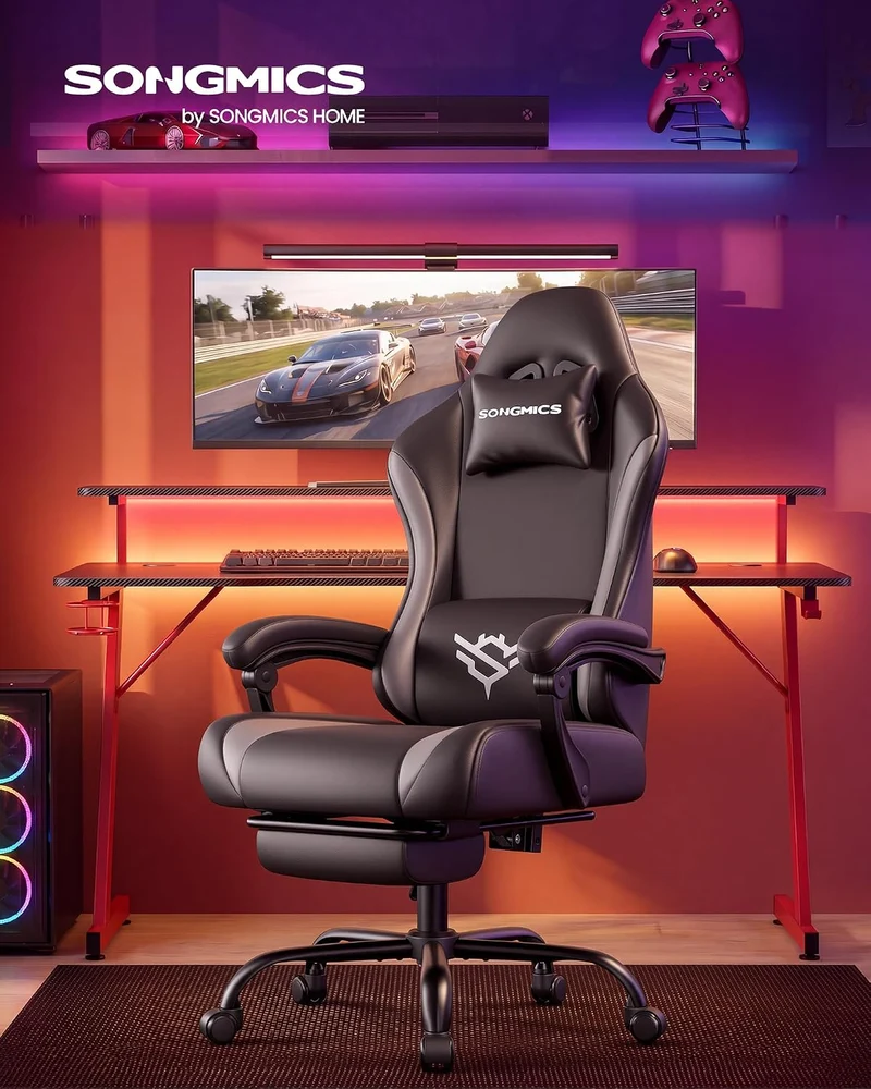 Gaming-Stuhl mit Fußstütze - PU-Leder mit Kopfstütze und Lendenkissen - Bis 135° Neigbar