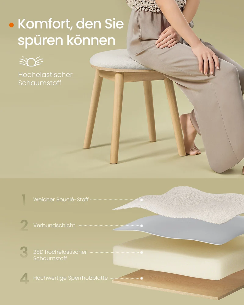 BOHO Hocker – Runder Schminkhocker – Bouclé-Polsterung – Massivholz – 43 cm hoch