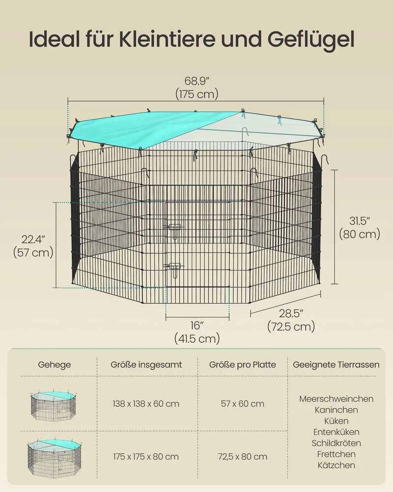 Kleintiergehege Mit Abdeckung - 8 Stabile Paneele - Für Kaninchen, Meerschweinchen Und Nagetiere