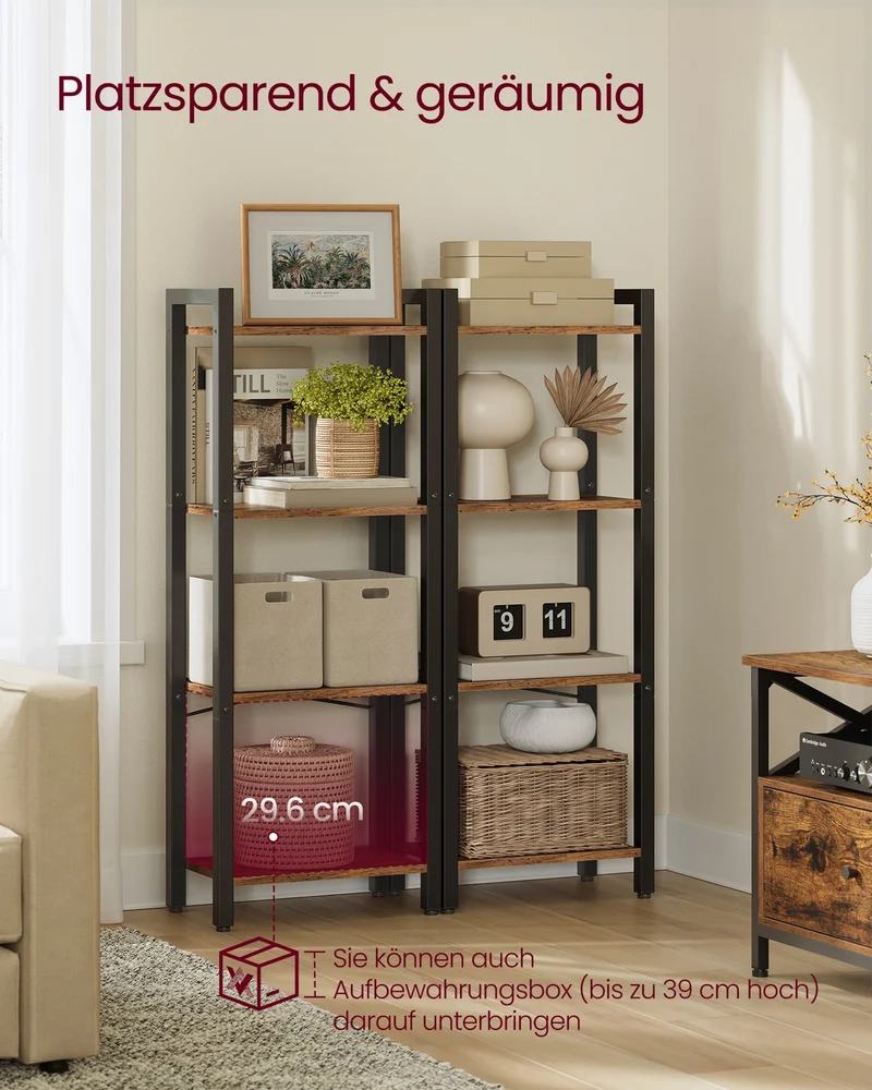 Schmales Bücherregal Mit 4 Ebenen - Stahlrahmen - Für Wohnzimmer, Schlafzimmer Oder Flur