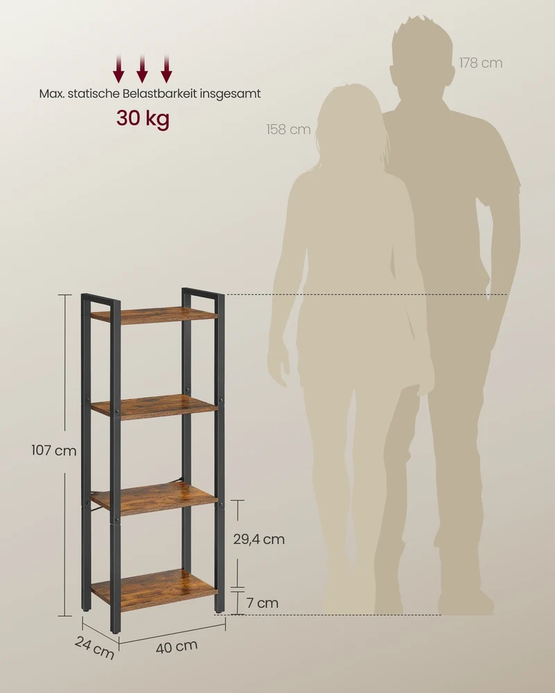 Schmales Bücherregal Mit 4 Ebenen - Stahlrahmen - Für Wohnzimmer, Schlafzimmer Oder Flur
