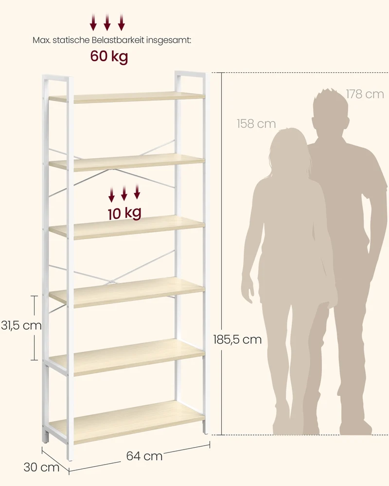 Bücherregal Mit 6 Ebenen - Stahlgestell - Für Wohnzimmer Schlafzimmer Oder Büro
