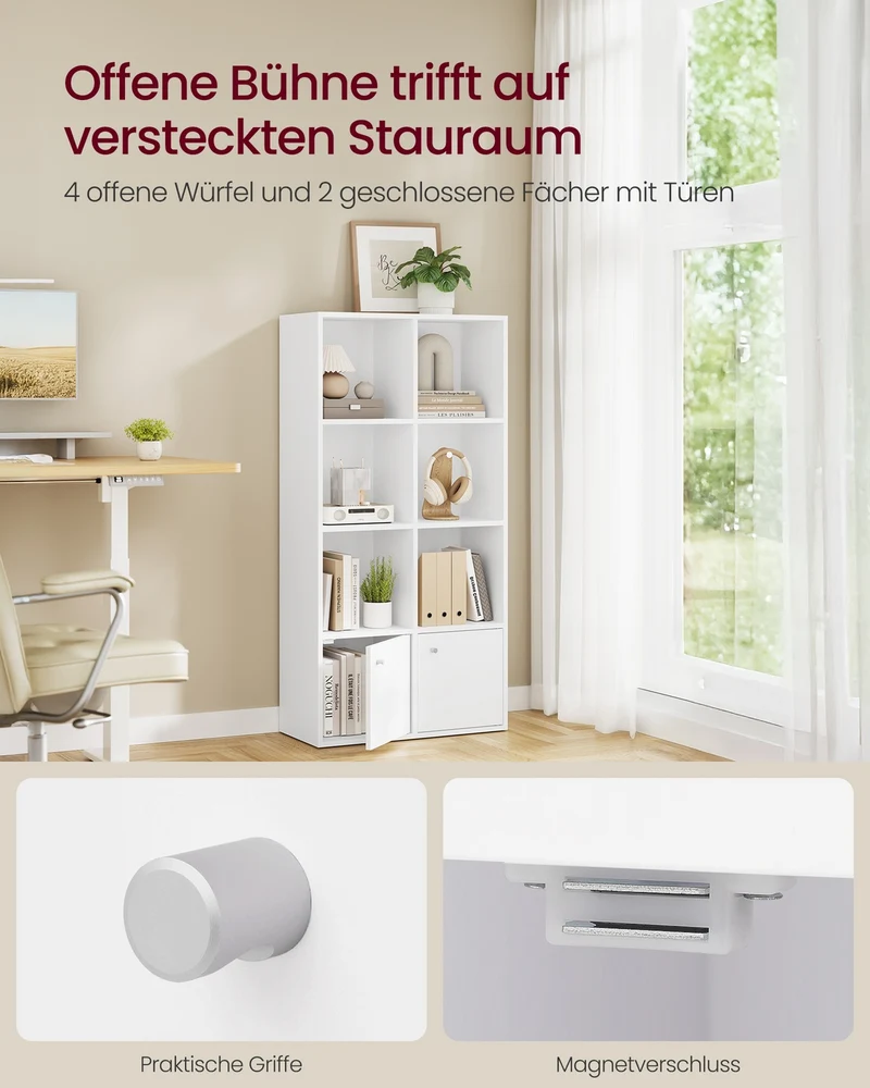 Bücherregal Mit 4 Offenen Ebenen Und 2 Fächern Mit Türen - Für Wohnzimmer Oder Schlafzimmer