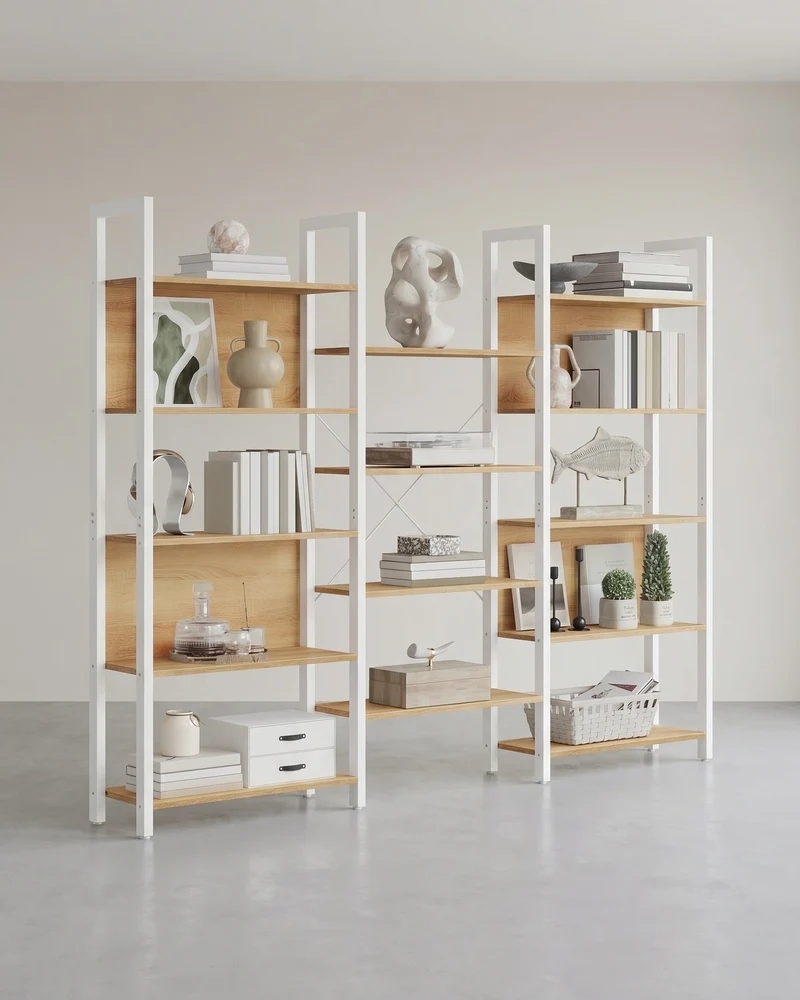 Bücherregal - 14 Ebenen - Mit Metallgestell - Goldeiche Und Mattweiß