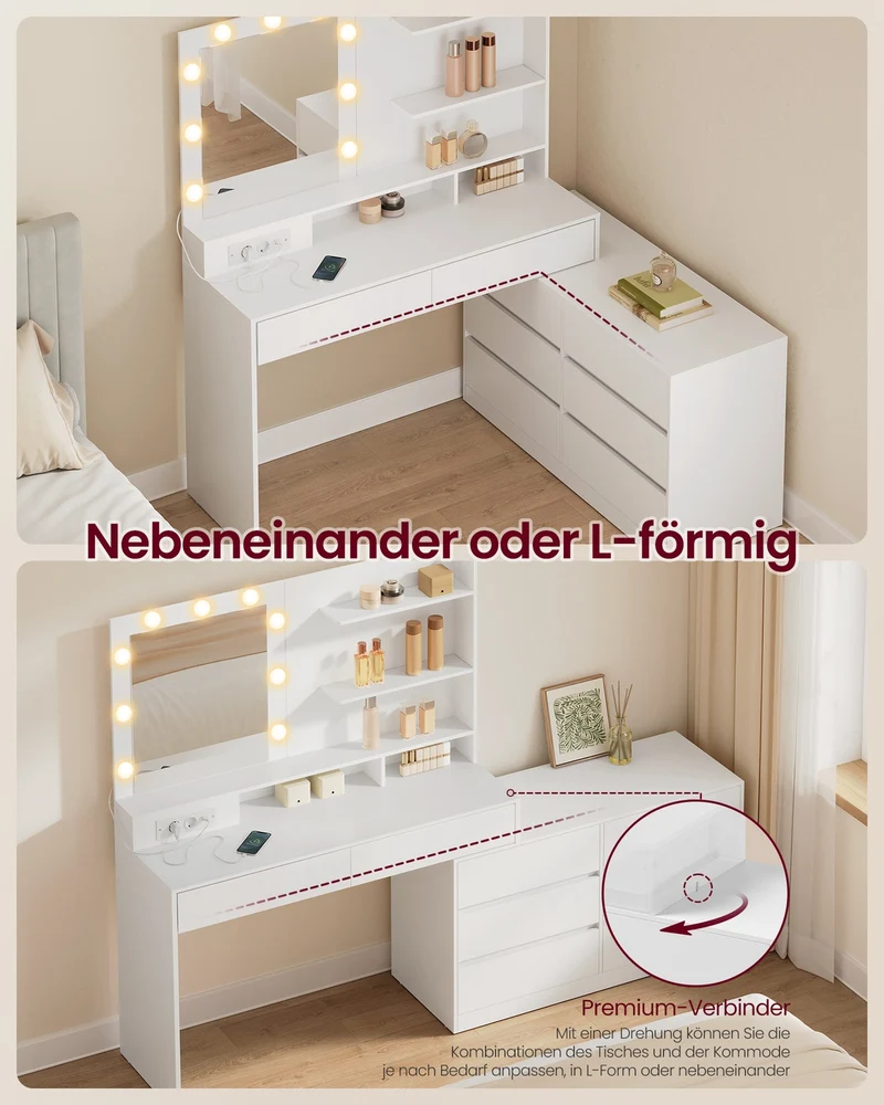 Schminktisch - Kailyn Kollektion - LED-Beleuchtung - Steckdose - 9 Schubladen