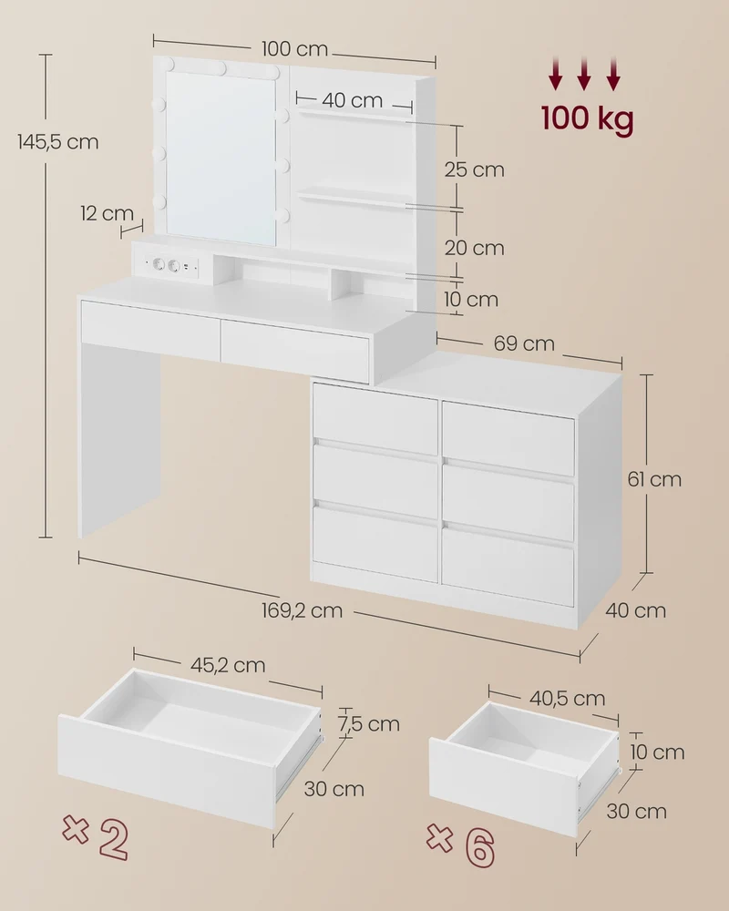 Schminktisch - Kailyn Kollektion - LED-Beleuchtung - Steckdose - 9 Schubladen