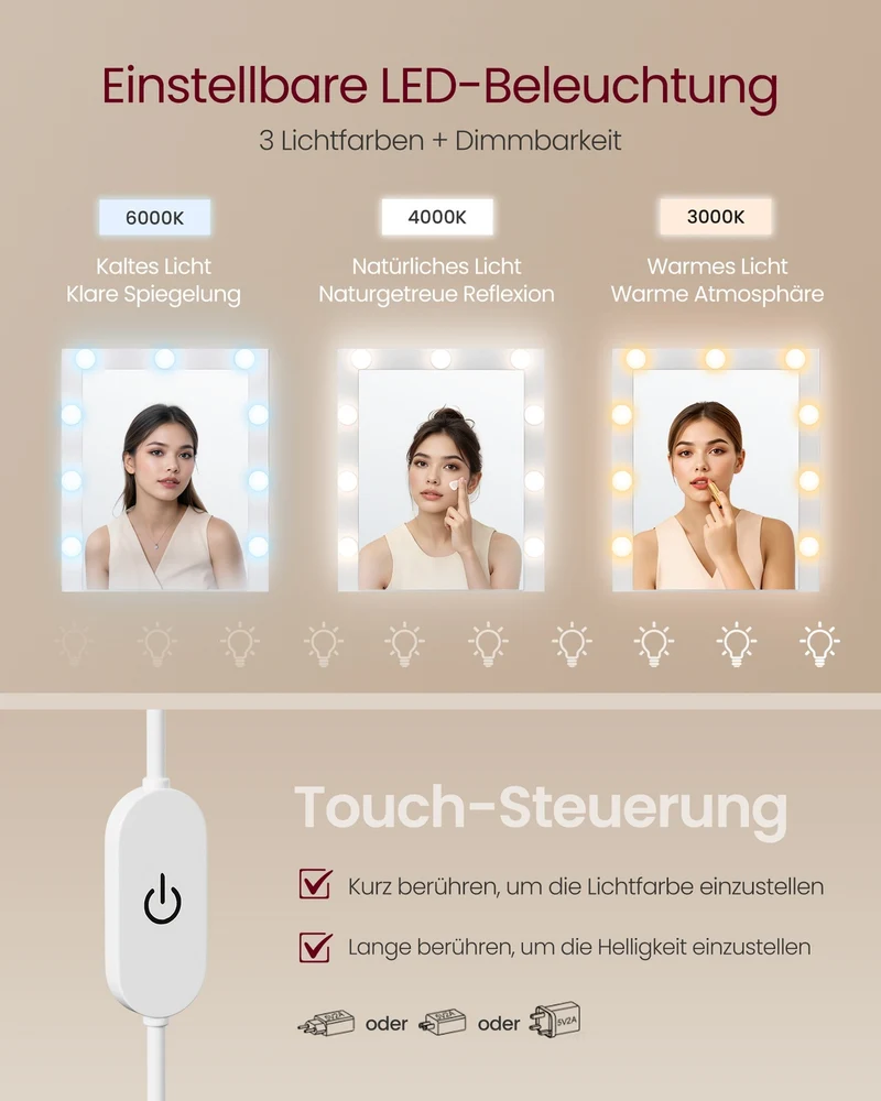 Schminktisch - Kailyn Kollektion - LED-Beleuchtung - Steckdose - 9 Schubladen