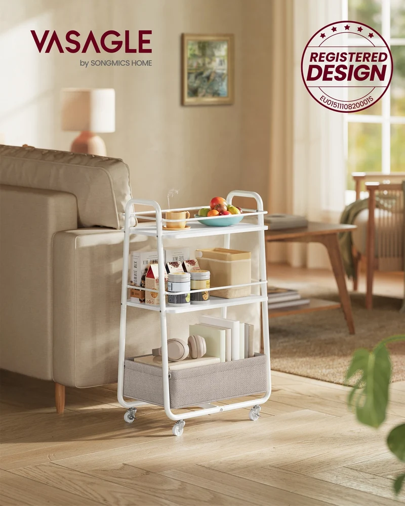 Trolley Mit 3 Ebenen - Fahrbar Mit Stoffkorb - Für Küche Und Badezimmer