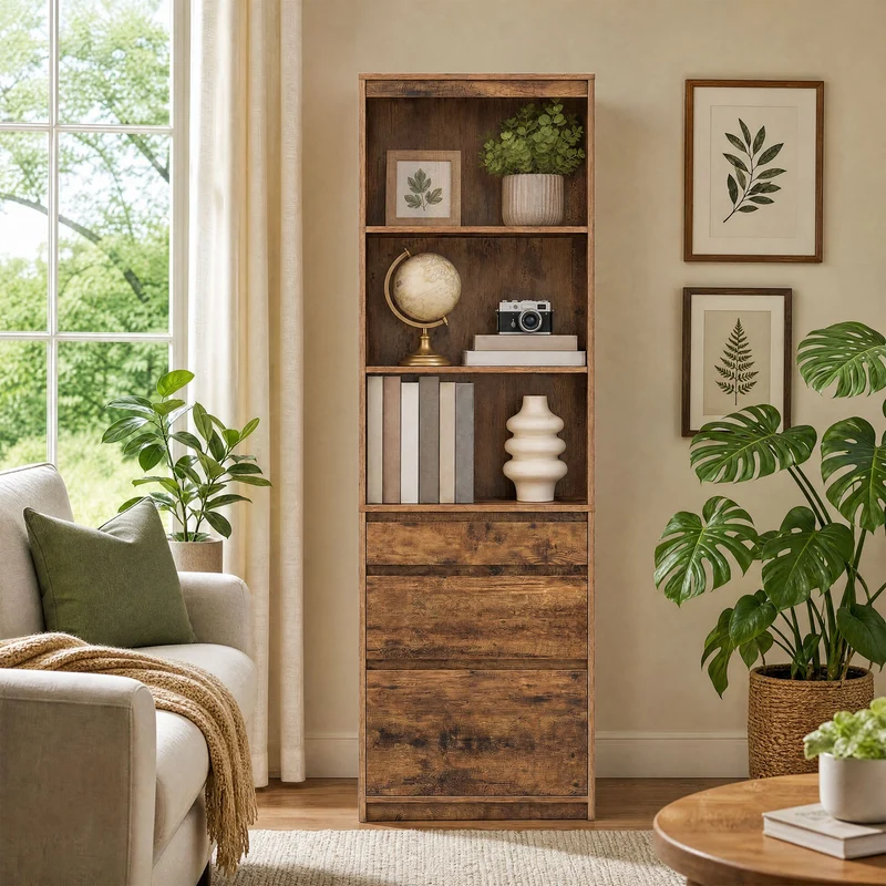Bücherregal Mit Verstellbaren Böden Und 3 Schubladen - Hoher Schrank - Für Wohnzimmer