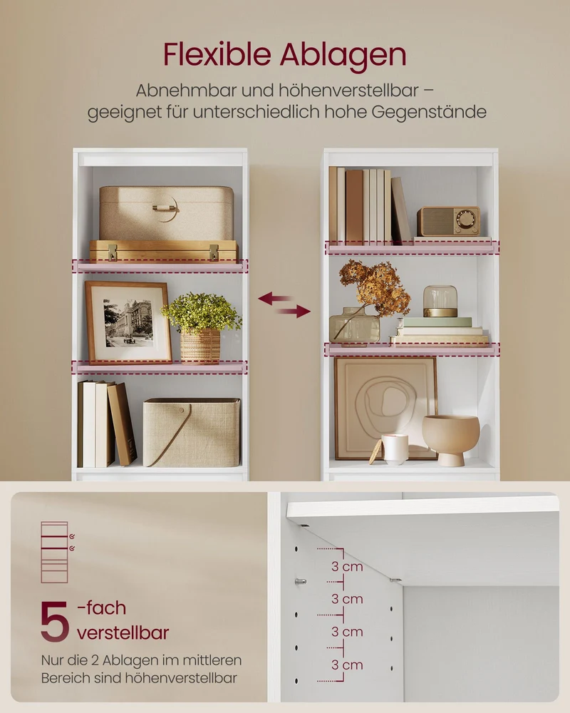 Bücherregal mit Schubladen und verstellbaren Einlegeböden – 180 cm hoch – Multifunktionaler Aufbewahrungsschrank – Weiß – Spanplatte
