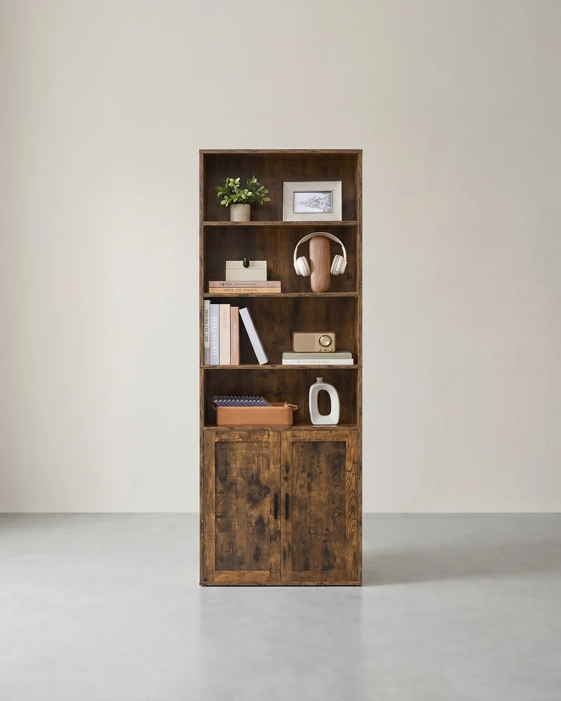 Bücherregal mit Schrank und offenen Fächern – Schmaler Aufbewahrungsschrank – Verstellbare Einlegeböden – MDF & Spanplatte
