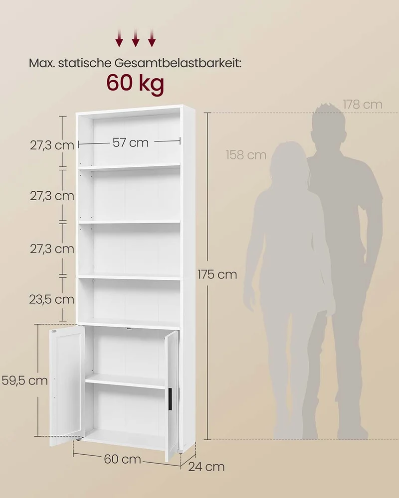 Bücherregal mit Schrank und offenen Fächern – Schmaler Aufbewahrungsschrank – Verstellbare Einlegeböden – MDF & Spanplatte