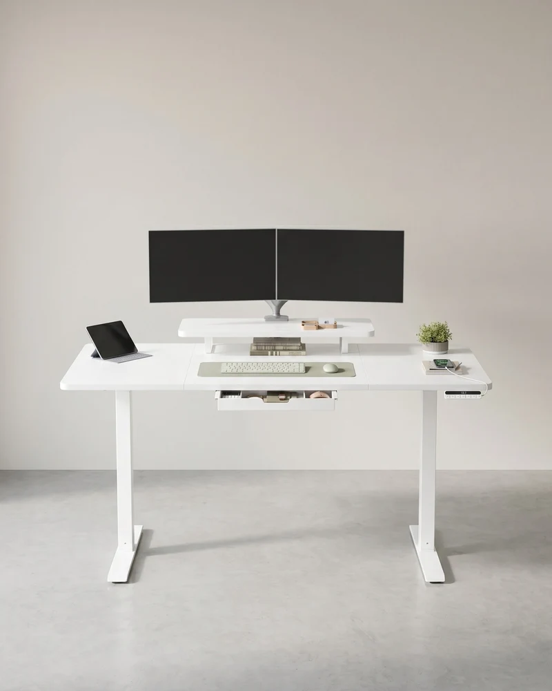 Elektrisch verstellbarer Schreibtisch – Mit Monitorständer – 140 oder 160 cm Tischplatte – USB-C & Memory-Funktion