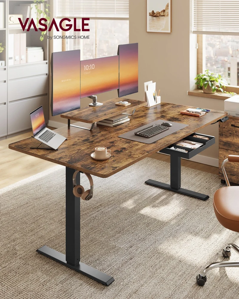 Elektrisch verstellbarer Schreibtisch – Mit Monitorständer – 140 oder 160 cm Tischplatte – USB-C & Memory-Funktion