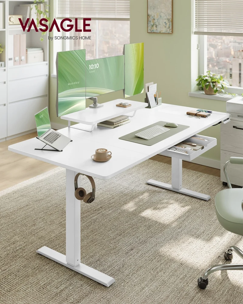 Elektrisch verstellbarer Schreibtisch – Mit Monitorständer – 140 oder 160 cm Tischplatte – USB-C & Memory-Funktion