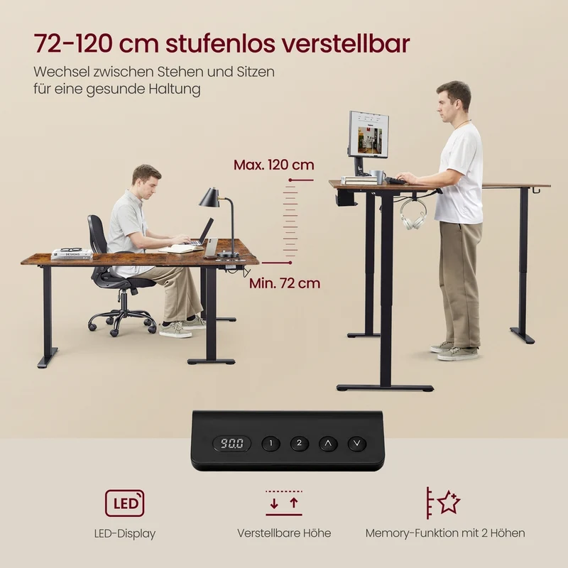 Elektrisch verstellbarer Eckschreibtisch – L-Form – mit Steckdosen und USB-Anschluss – Steh-Sitz-Schreibtisch