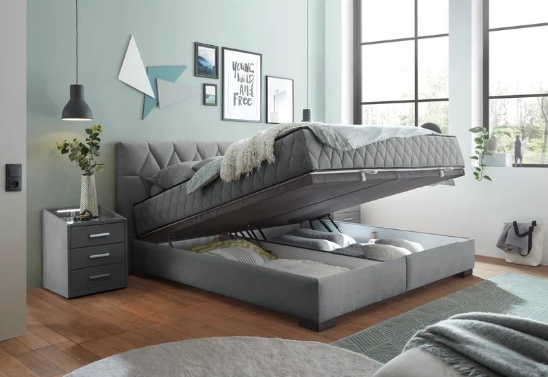 Bett Kastenbett + Stauraum + wende Matratzen + grau oder Beige auf Lager