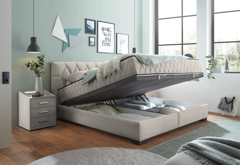 Bett Kastenbett + Stauraum + wende Matratzen + grau oder Beige auf Lager