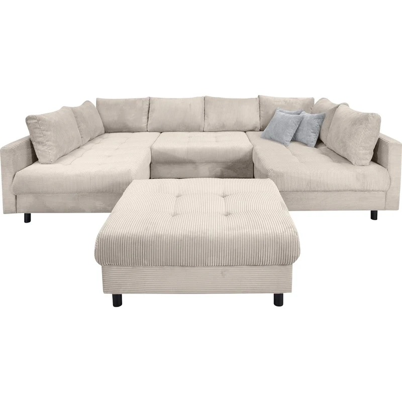 Wohnlandschaft Sofa Couch + Hocker + Kissen + Cord Stoff