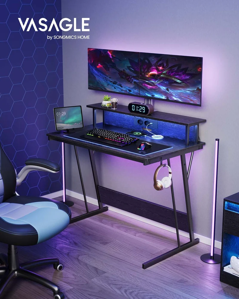 Gaming Schreibtisch mit LED - Gaming Tisch mit Steckdose und USB-Anschluss