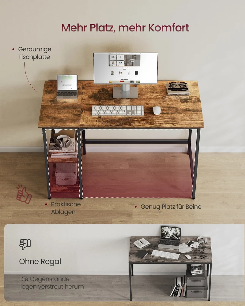Schreibtisch - Computertisch - Schreibtisch mit 2 Ablageflächen rechts oder links - Industriedesign