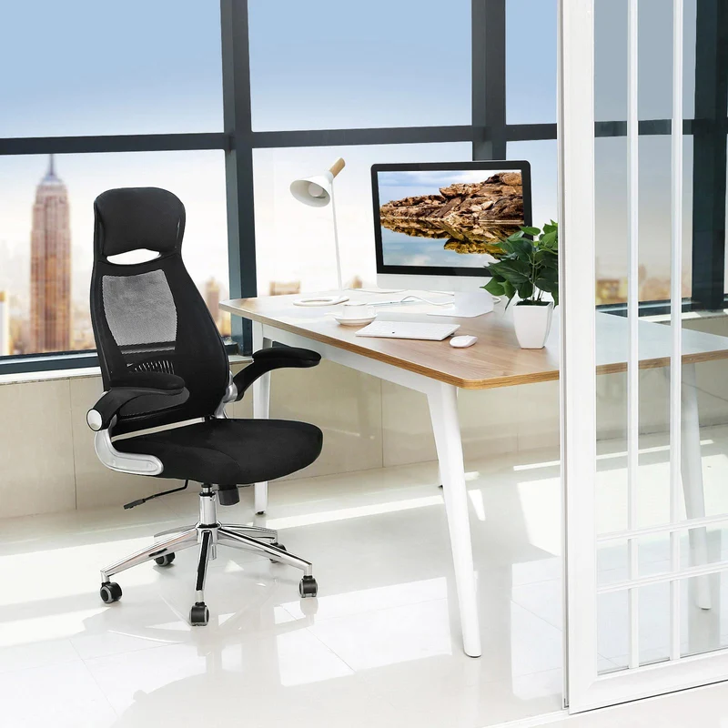 Ergonomischer Bürostuhl Schwarz – Mit Netzrückenlehne, Kopfstütze & klappbaren Armlehnen – Bis 150 kg belastbar
