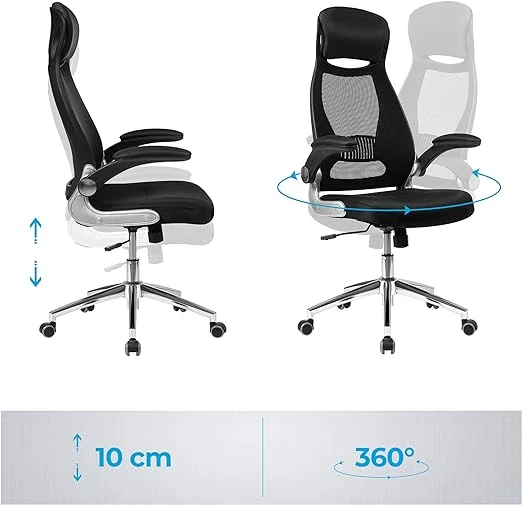 Ergonomischer Bürostuhl Schwarz – Mit Netzrückenlehne, Kopfstütze & klappbaren Armlehnen – Bis 150 kg belastbar